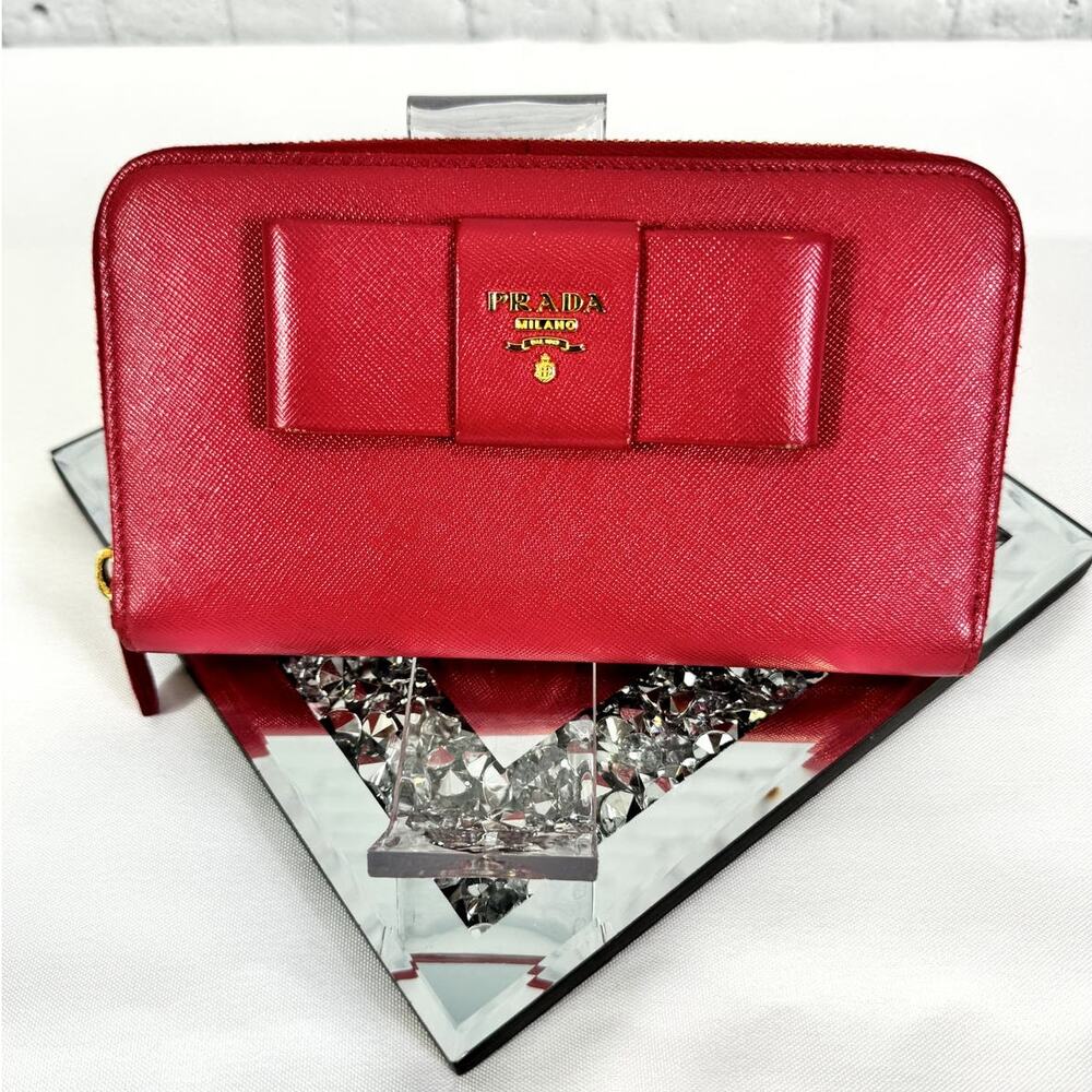 PRADA Saffiano Leather Bow Zip Around Wallet